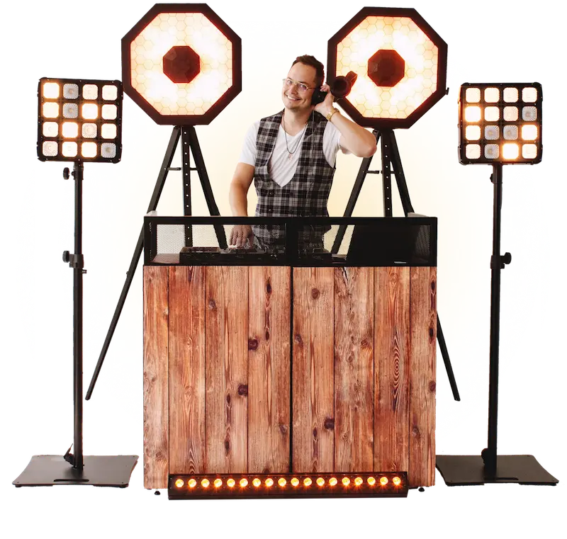 DJ behind wooden dj-table